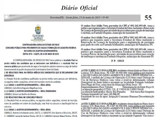 Diário Oficial do Estado do Piauí publica lista de aprovados em concurso da CGE PIauí.(Imagem:Reprodução)