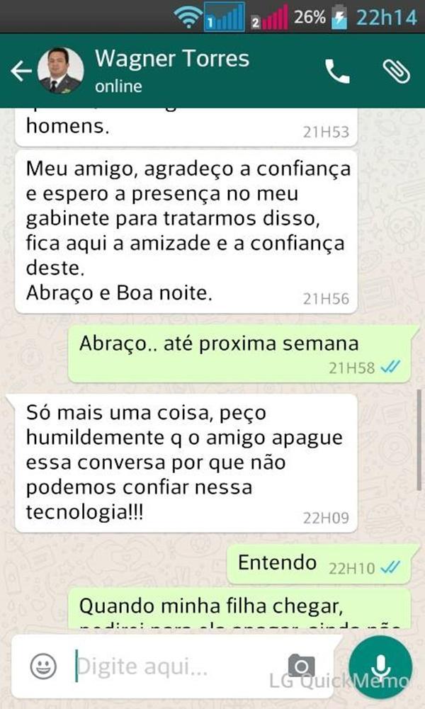 Coronel Wagner Torres nega veracidade de conversa no WhatsApp.(Imagem:GP1)