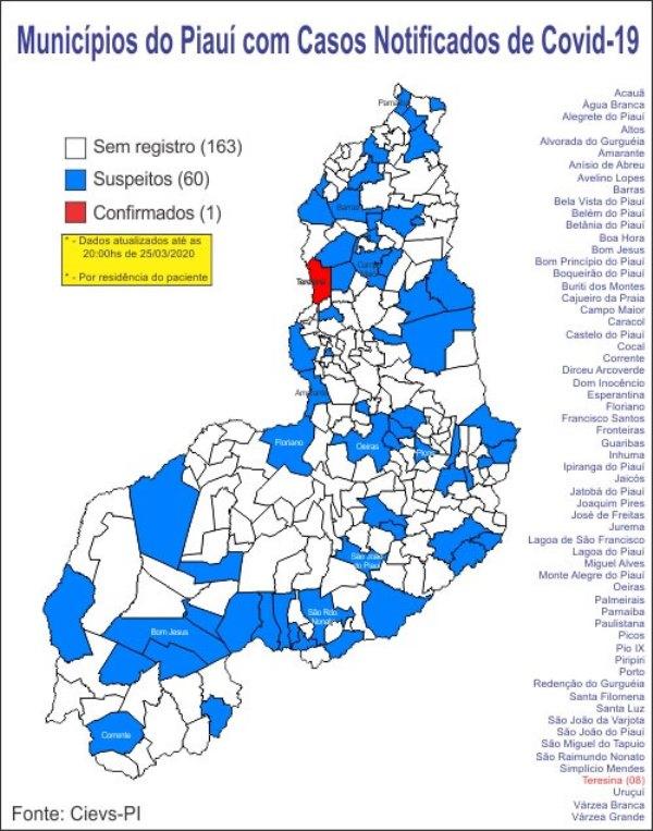 Mais de 60 cidades do Piauí registram casos suspeitos de Covid-19.(Imagem:Cievs-PI)