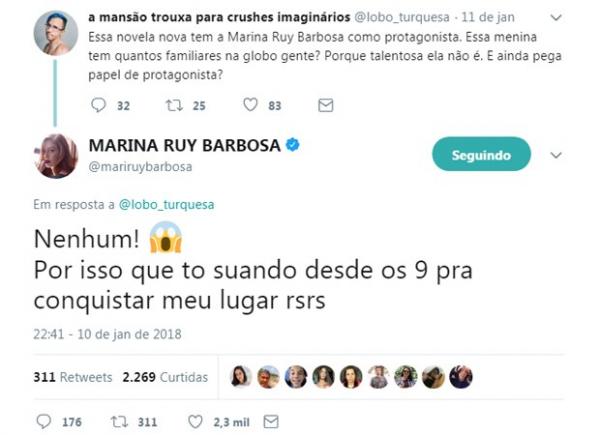 Marina Ruy Barbosa responde comentário de usuário de rede social.(Imagem:Reprodução/Twitter)