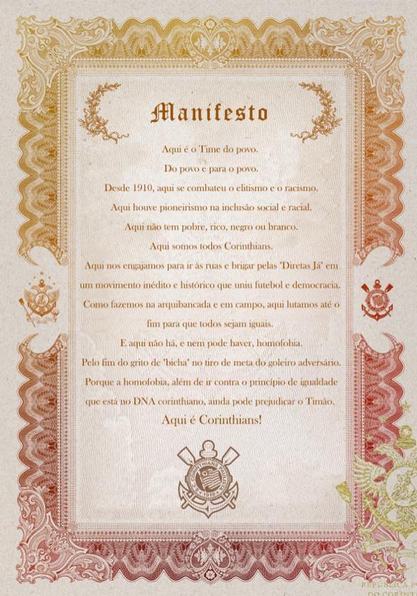 Corinthians lança manifesto contra homofobia.(Imagem:Divulgação)