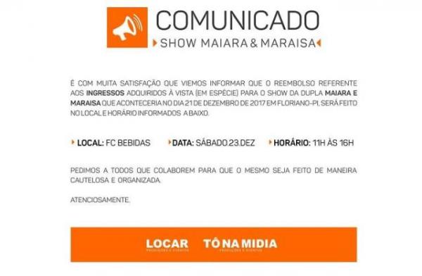 Tô na Mídia informa sobre devolução de dinheiro dos ingressos de show cancelado em Floriano.(Imagem:Reprodução)