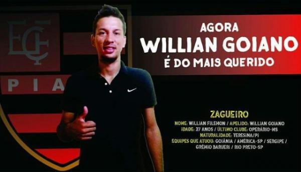Willian Goiano é anunciado pelo Flamengo-PI nas redes sociais do clube.(Imagem:Reprodução/Facebook)