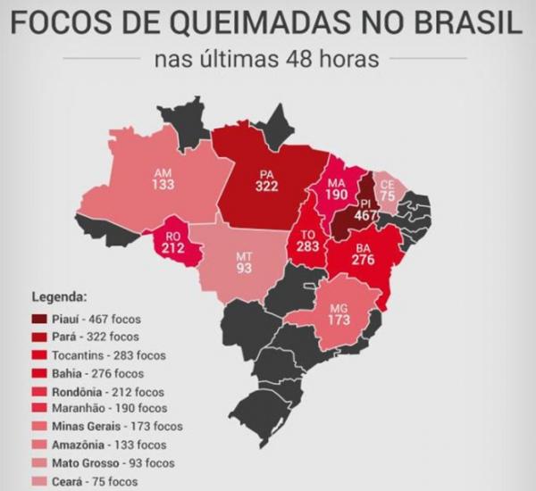 Piauí lidera ranking de queimadas no Nordeste com 460 focos de incêndio, diz INPE.(Imagem:INPE)