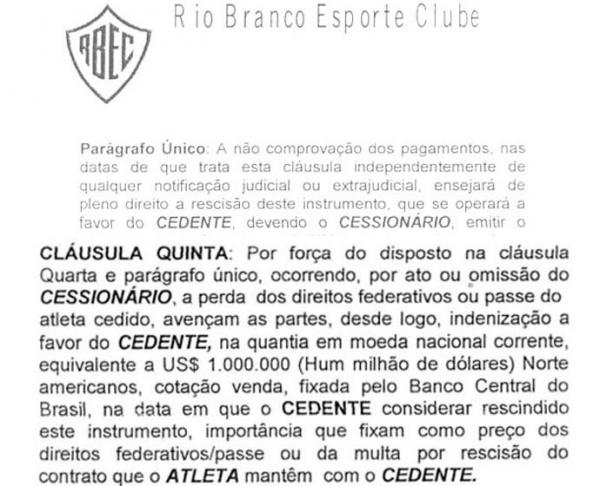 Cláusula do contrato que obriga o Flamengo a ressarcir o Tigre em caso de perda dos direitos.(Imagem:Reprodução)