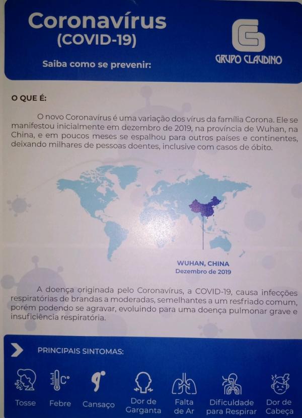 Grupo Claudino e Armazém Paraíba elaboram panfletos explicativos sobre prevenção ao coronavírus.(Imagem:Divulgação)