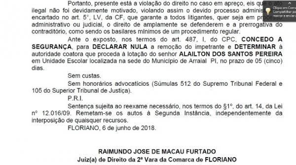 Remoção de servidores da secretaria de Educação de Arraial é anulada pela Justiça.(Imagem:Reprodução)