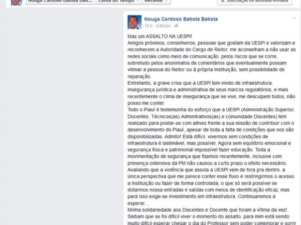 Reitor desabafou sobre insegurança na Uespi em rede social.(Imagem:Reprodução/Facebook)