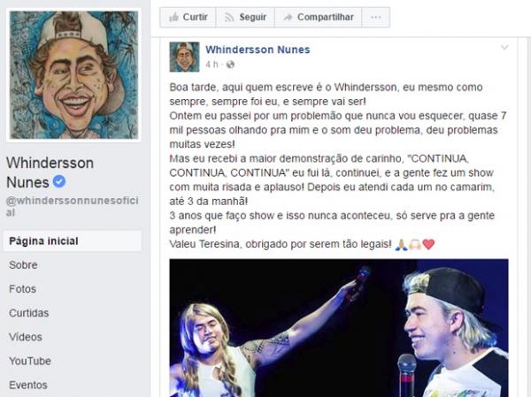Whindersson Nunes falou sobre problemas em show em Teresina, no Piauí.(Imagem:Reprodução/Facebook)