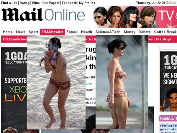 Toda sem jeito, Katy Perry precisou se virar para não mostrar demais após mergulho(Imagem:Mail Online)