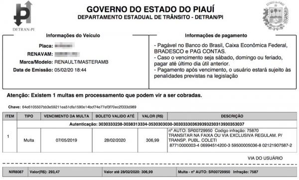 Ambulância é multada por trafegar em faixa exclusiva de ônibus em Teresina(Imagem:Reprodução/Detran-PI)