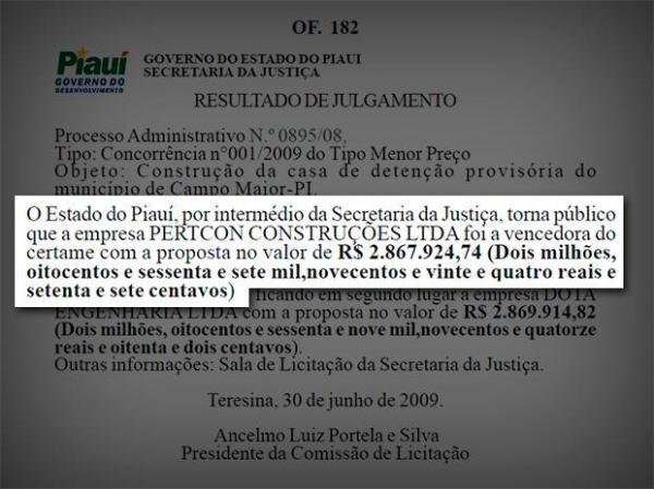 Contrato firmado entre o governo do estado e a construtora.(Imagem:Diário Oficial do Piauí)