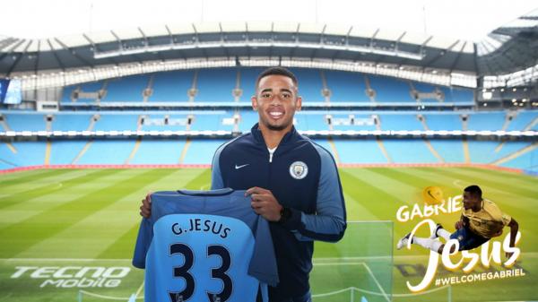 Negociado em agosto, transferência de Gabriel Jesus para o Manchester City por R$ 121 só foi registrada em janeiro.(Imagem:Divulgação/Site oficial do City)