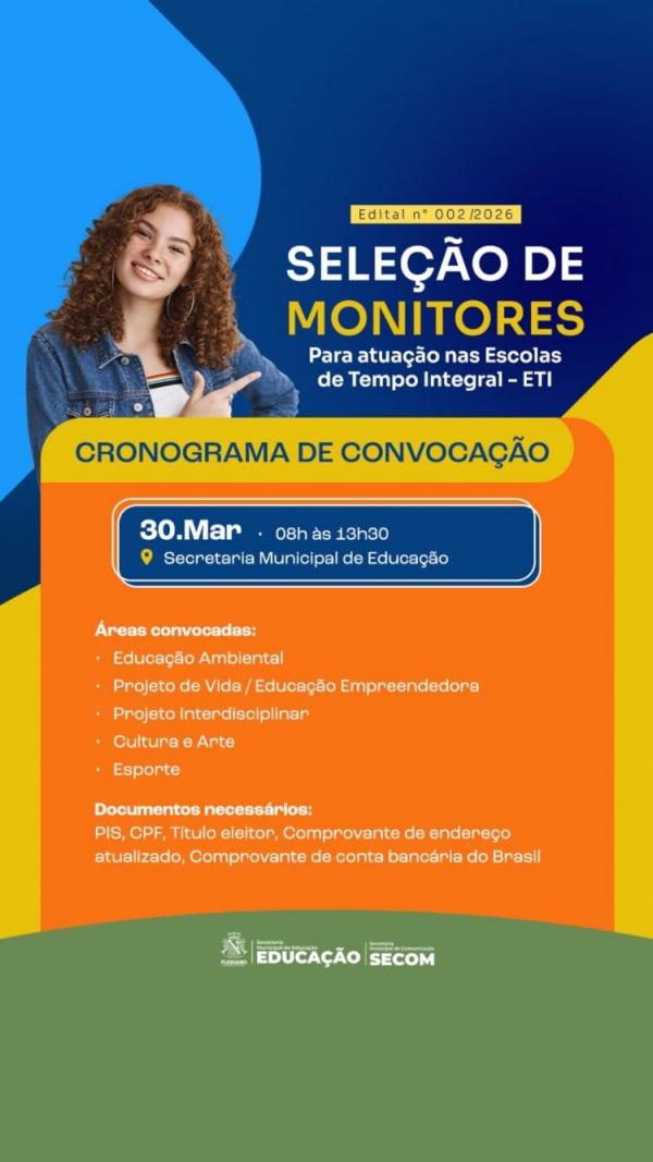 Prefeitura de Floriano divulga cronograma de comparecimento para monitores das Escolas de Tempo Integral(Imagem:Secom)
