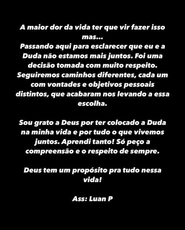 Luan Pereira anuncia fim de noivado com Maria Eduarda.(Imagem:Reprodução/Instagram)
