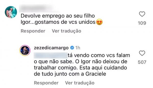 Zezé Di Camargo nega que tenha deixado de trabalhar com o filho.(Imagem:Reprodução/Instagram)