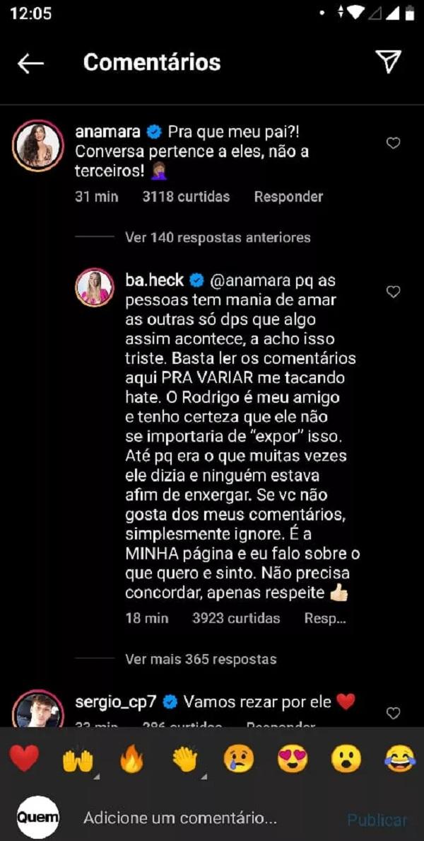 Comentário de Anamara e resposta de Bárbara Heck.(Imagem:Reprodução/Instagram)