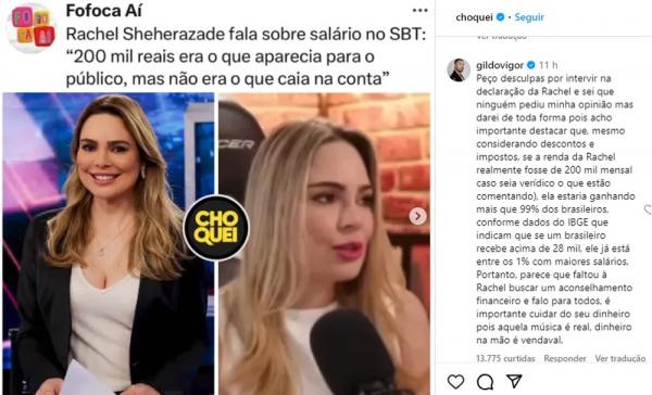 Gil do Vigor reage a fala de Rachel Sheherazade sobre não ter conseguido comprar casa mesmo com salário em torno de R$ 200 mil.(Imagem:Reprodução/Instagram)