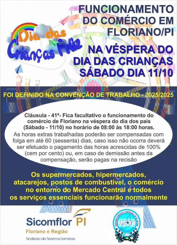 Funcionamento do comércio de Floriano na véspera do Dia das Crianças será facultativo.(Imagem:Divulgação)