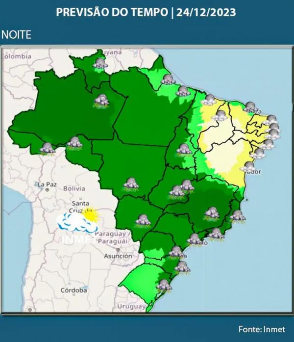  Noite de Natal pode ser chuvosa na maior parte do país Arte, segundo o Inmet.(Imagem:Reprodução/Inmet)