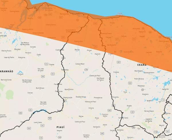 Inmet emite alerta de perigo de chuvas intensas para o Litoral do Piauí; mais 67 cidades estão sob alerta amarelo.(Imagem:Reprodução)