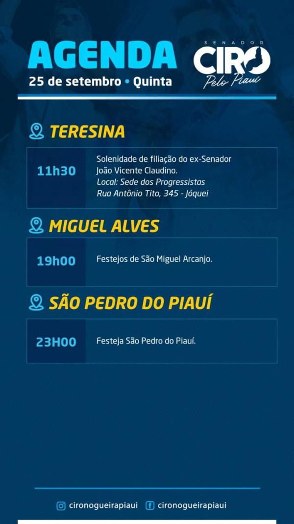 Ciro Nogueira cumpre agenda em Teresina e participa de festejos em Miguel Alves e São Pedro do Piauí nesta quinta (25).(Imagem:Ascom)