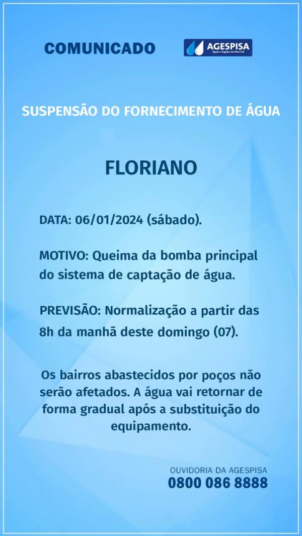Agespisa informa sobre suspensão e normalização do abastecimento de água em Floriano.(Imagem:Divulgação)