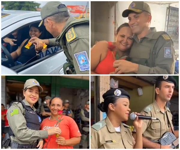 Policiais do 3° Batalhão de Floriano homenageiam mães com flores e chocolates no Dia das Mães.(Imagem:Reprodução/Instagram)