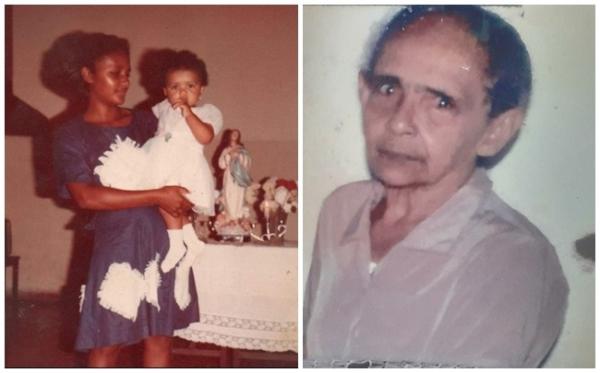 Aparecida Santana, quando criança, no colo da mãe Vaneide Santana. Na foto ao lado, a avó paterna, Dona Santa.(Imagem:Arquivo pessoal)