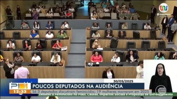Três dos trinta deputados estaduais comparecem em audiência sobre feminicídio e caso gera revolta.(Imagem:Rede Clube)