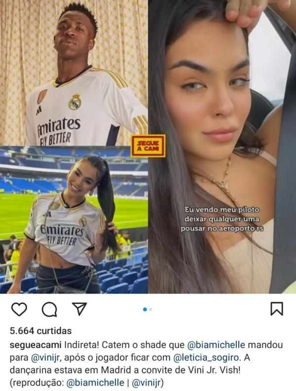Bia Michelle soltou indireta após ficada de Vini Jr. com modelo em festa de Neymar.(Imagem:Reprodução/Instagram)