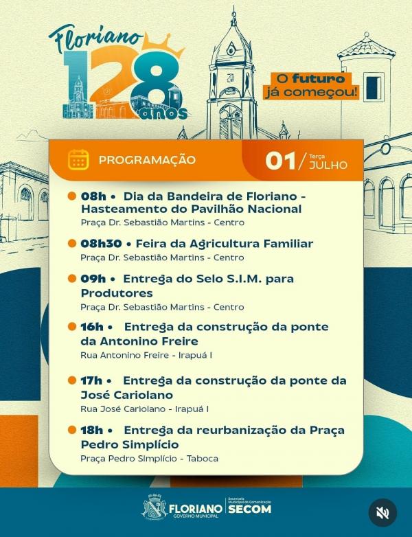 Programação do aniversário de 128 anos de Floriano (Imagem:Reprodução/Instagram)