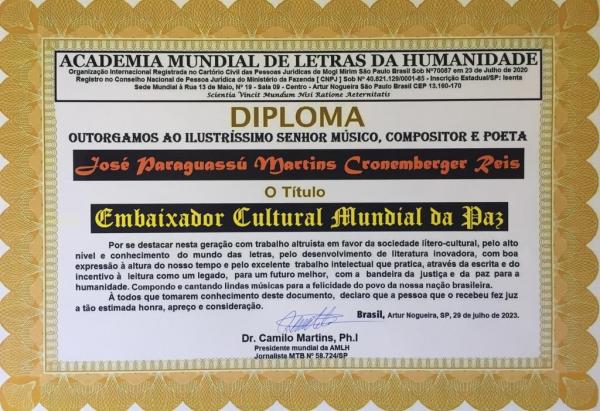 José Paraguassú recebe título de Embaixador Cultural Mundial da Paz.(Imagem:Divulgação)