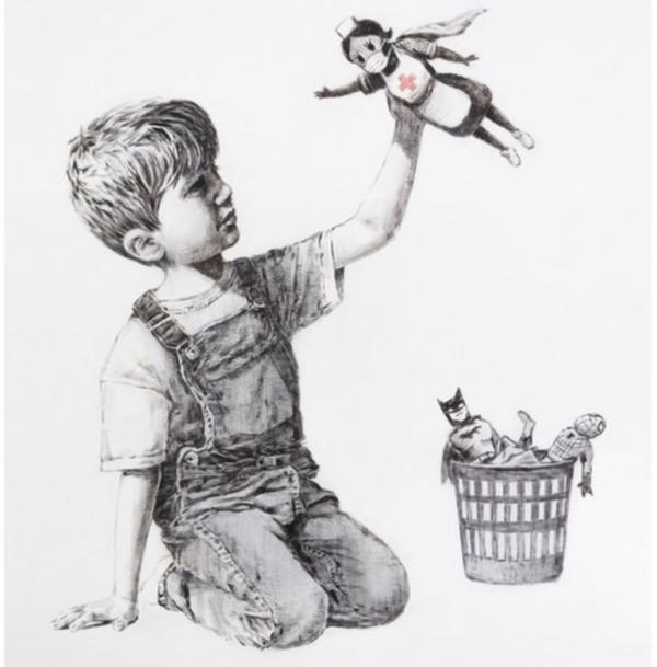 Obra de Banksy mostra um menino que tem nas mãos uma heroína: uma enfermeira(Imagem:Reprodução)