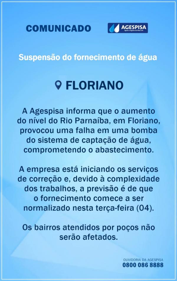 Agespisa informa suspensão no fornecimento de água nesta segunda (03)(Imagem:Divulgação)