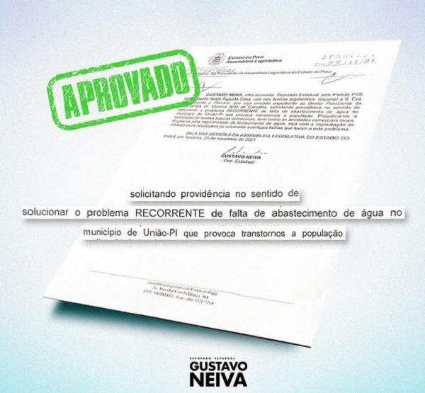 Deputado Gustavo Neiva cobra da Agespisa regularização no abastecimento de água no município de União-PI.(Imagem:Divulgação)