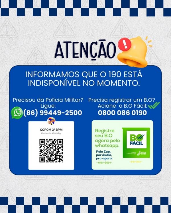 3º BPM de Floriano informa alteração temporária no atendimento telefônico da Polícia Militar.(Imagem:Divulgação/PM)