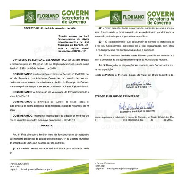 Decreto estabelece novo horário limite de funcionamento para bares e restaurantes em Floriano (Imagem:Divulgação)
