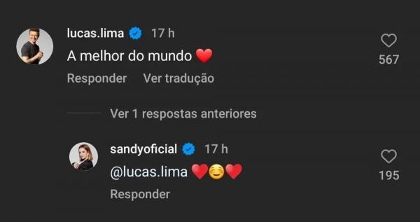 Lucas Lima comentou em uma publicação de Sandy 16h antes de anunciar o término do casamento.(Imagem:Reprodução)