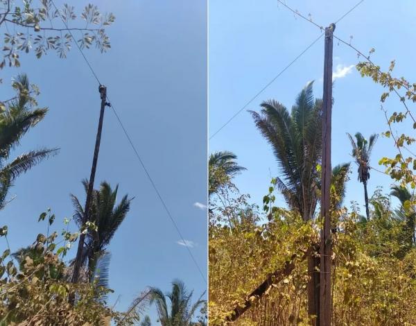 Rede elétrica no interior do Piauí tem postes de madeira unidos por arames: 