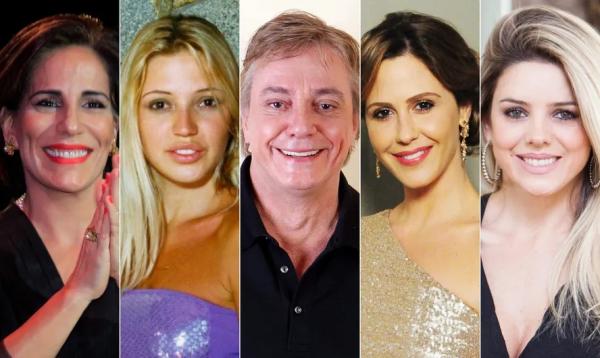 Fábio Jr entre quatro de suas sete ex-mulheres: Glória Pires, Patrícia de Sabrit, Guilhermina Guinle e Mari Alexandre.(Imagem:Fotos de divulgação e Agência O Globo)