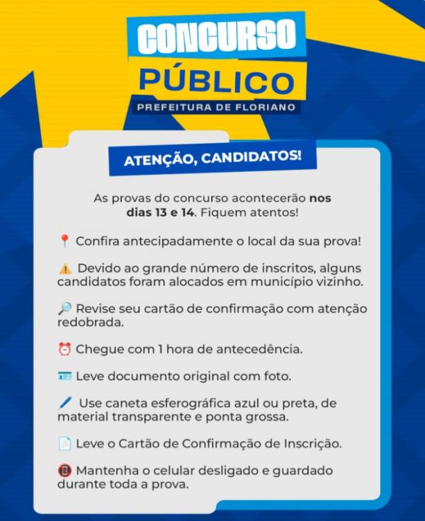Provas do Concurso Público de Floriano serão realizadas neste fim de semana.(Imagem:Reprodução/Instagram)