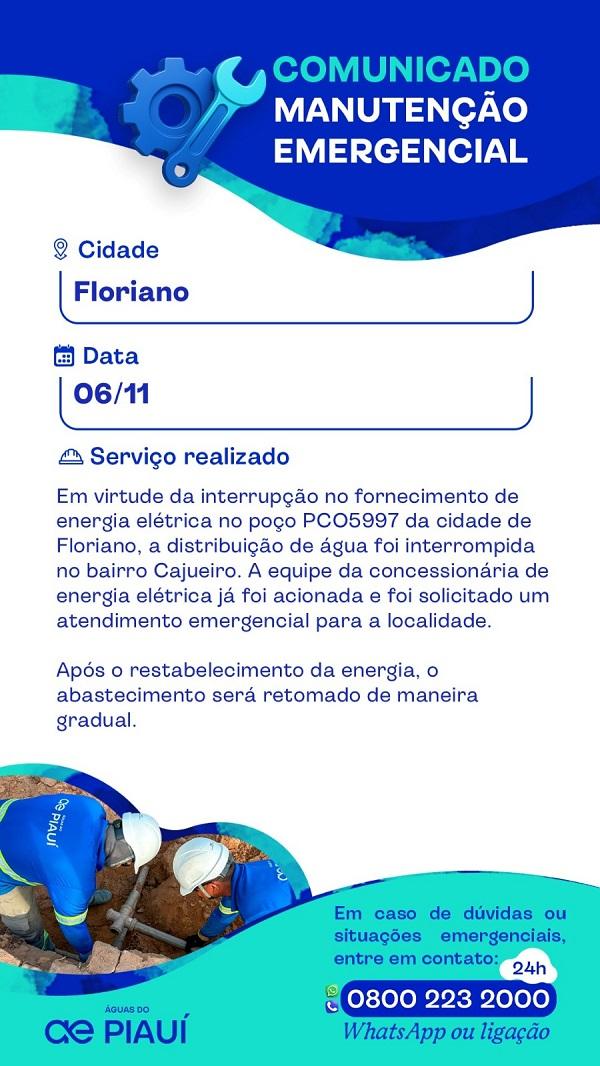 	 Águas do Piauí informa interrupção temporária no abastecimento do bairro Cajueiro em Floriano.(Imagem:Divulgação)