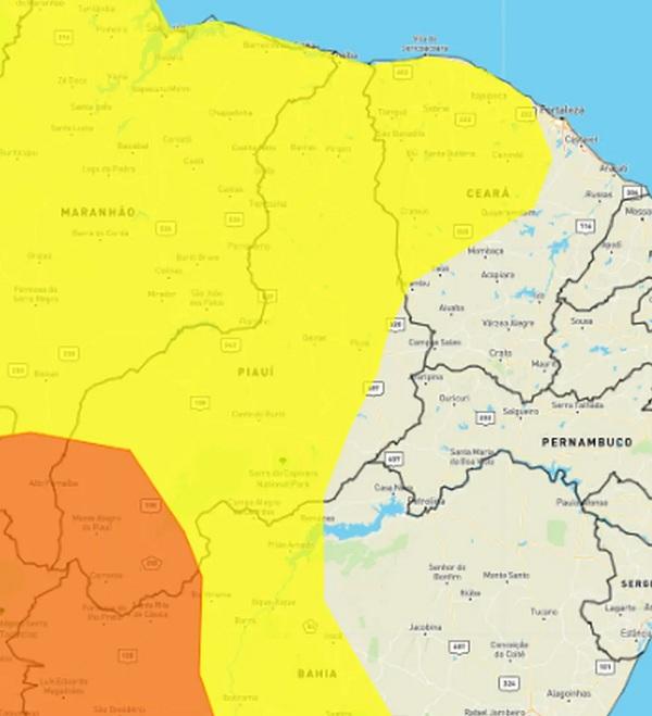  Cidades do Piauí entram em alertas laranja e amarelo para perigo potencial de chuvas intensas.(Imagem: Reprodução )