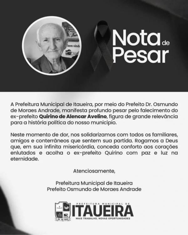 Nota de Pesar da Prefeitura de Itaueira-PI.(Imagem:Reprodução/Instagram)