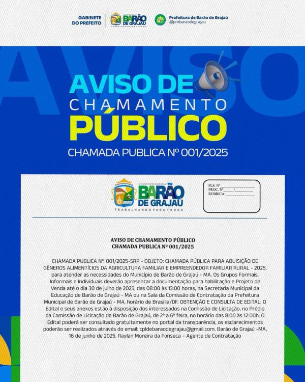 Barão de Grajaú lança chamada pública para aquisição de alimentos da agricultura familiar(Imagem:Reprodução/Instagram)
