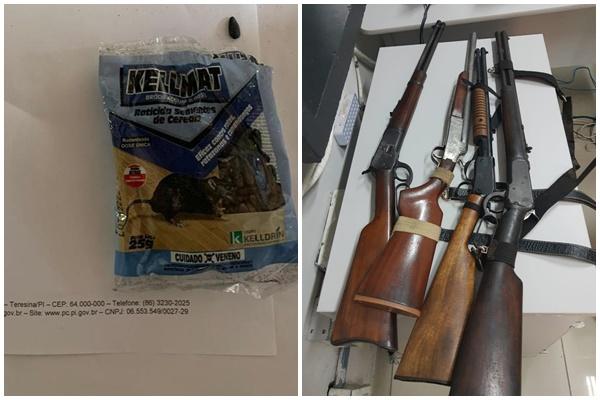 Veneno raticida utilizado para matar cachorro, segundo a polícia; e armas apreendidas durante a operação em Teresina.(Imagem:Divulgação /PC-PI)