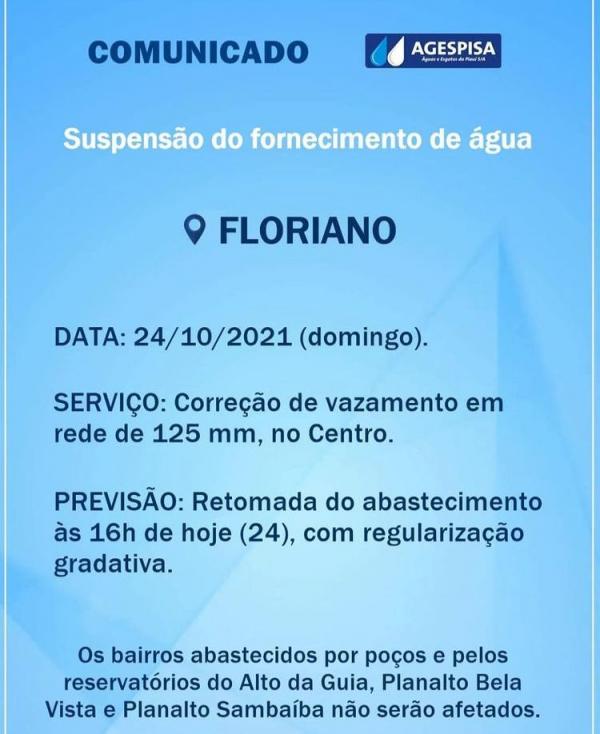 Agespisa informa suspensão do fornecimento de água em Floriano(Imagem:Reprodução)