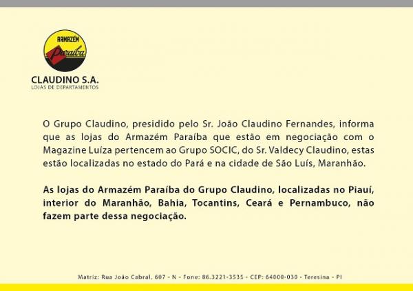 Armazém Paraíba esclarece equívoco sobre negociação de lojas do Grupo Claudino.(Imagem:Divulgação)