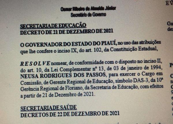 Nomeação foi publicada no Diário Oficial do Estado do Piauí.(Imagem:Divulgação)